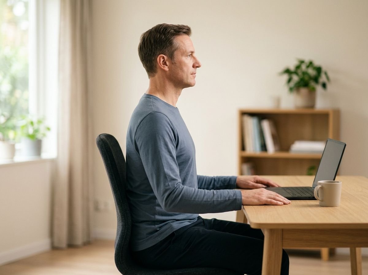 A man seated at a desk in profile, sitting tall with his head aligned above his shoulders