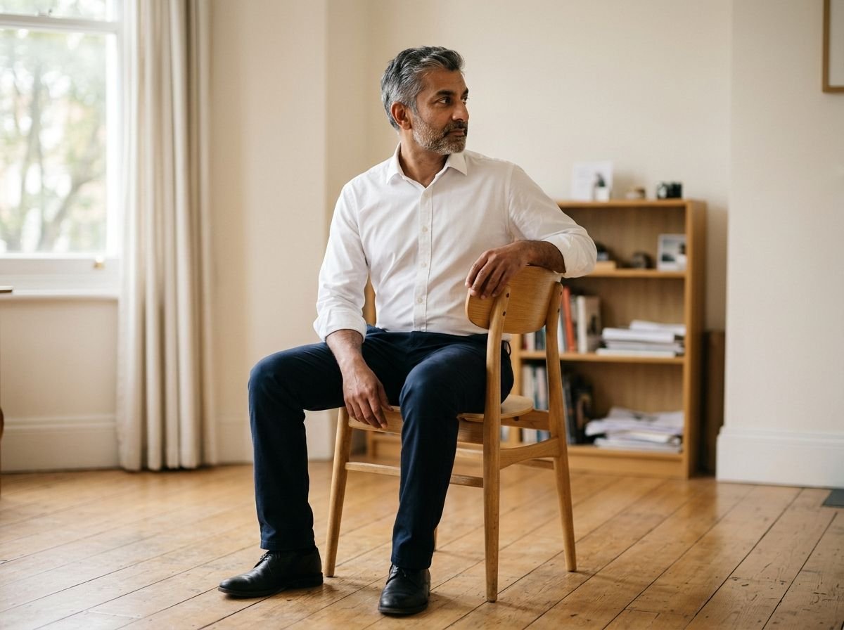 A man seated on a chair turning his upper body to one side, one hand on the chair back