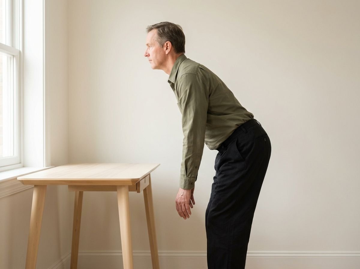 A man hinging forward from the hips beside a desk, hips pushed back and spine straight