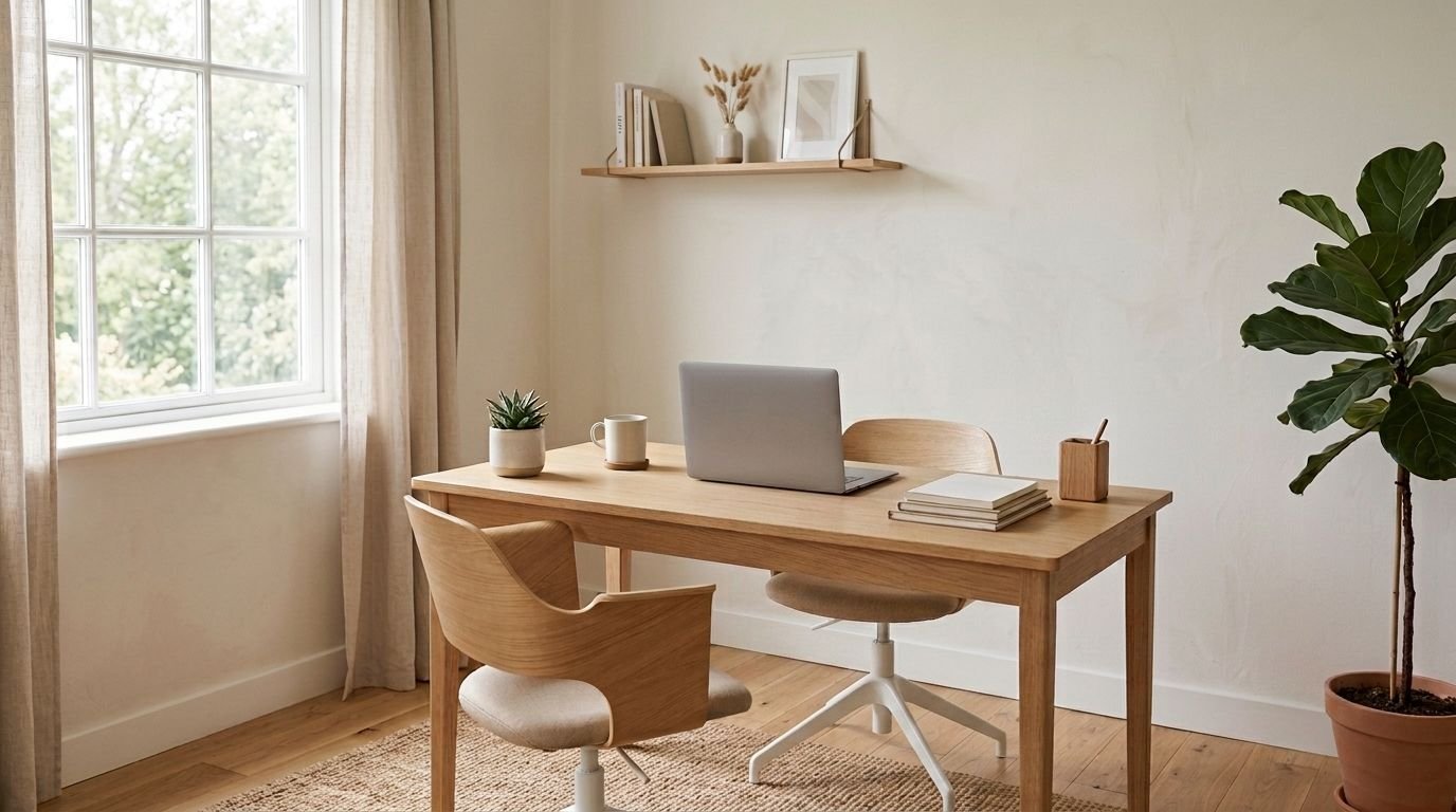 A tidy home office with a light wood desk, an empty chair and a closed laptop