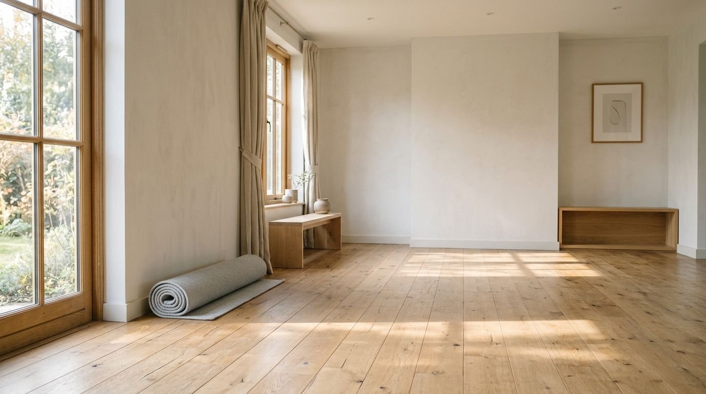 A quiet empty living room in early morning light with a rolled mat against the wall