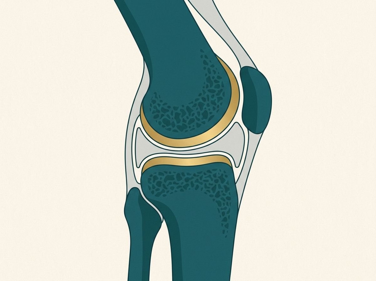 Cross-section illustration of a knee joint showing bone, cartilage caps, the fluid space between them and the surrounding capsule