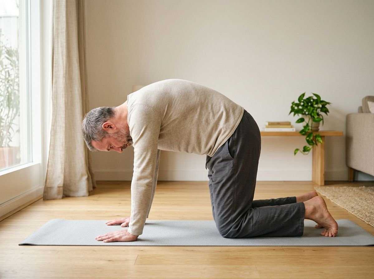 A man on hands and knees with his spine arched upward, in the rounded phase of the cat and cow movement