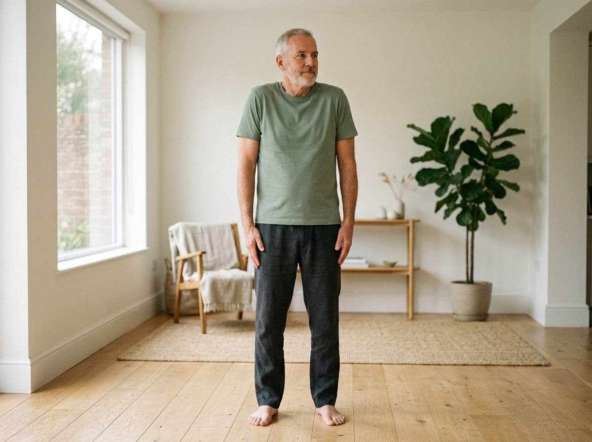 A man standing with his shoulders shrugged high toward his ears