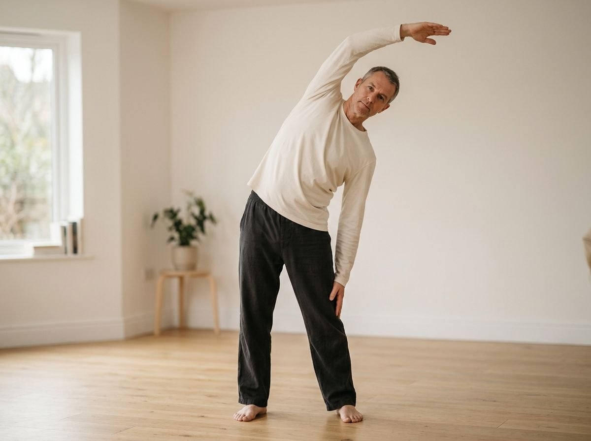 A person standing and bending sideways with one arm arcing overhead