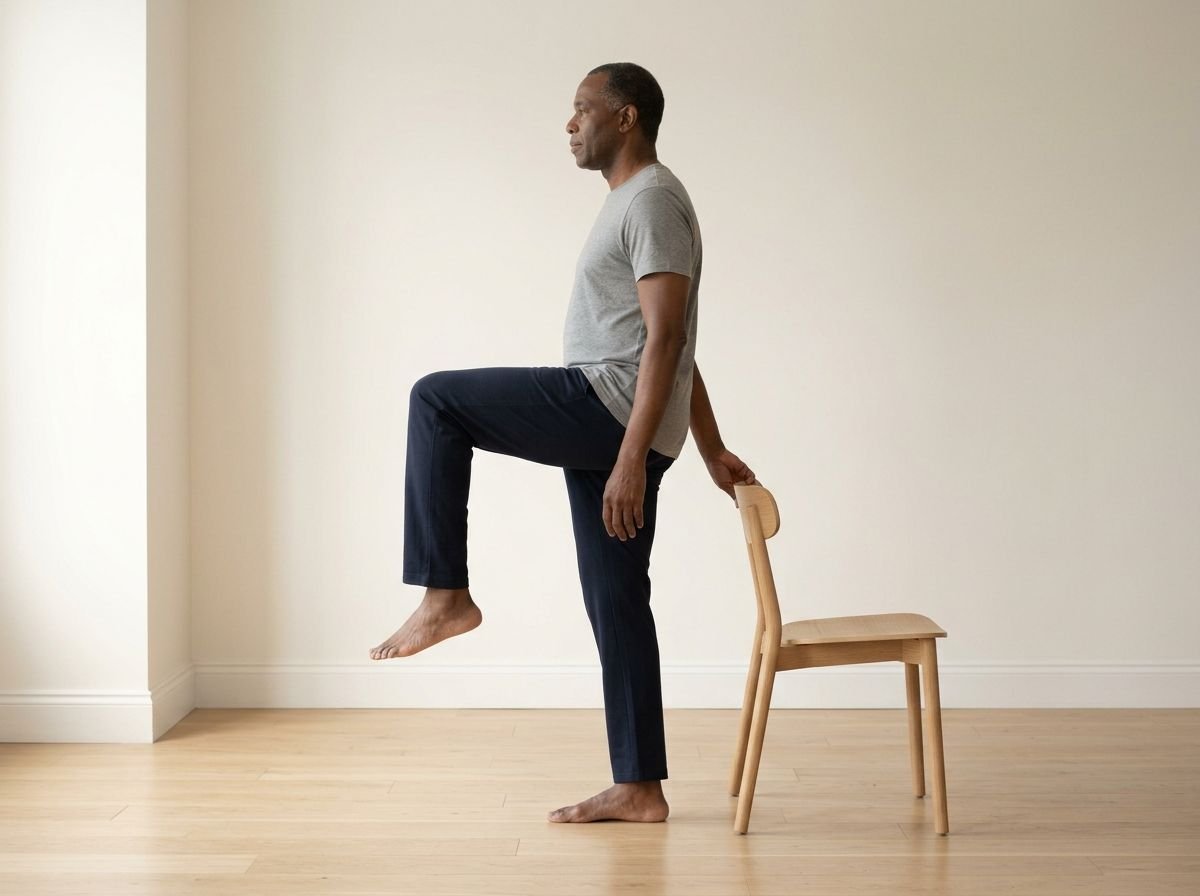 A man balancing on one leg with the opposite knee lifted so the thigh is horizontal