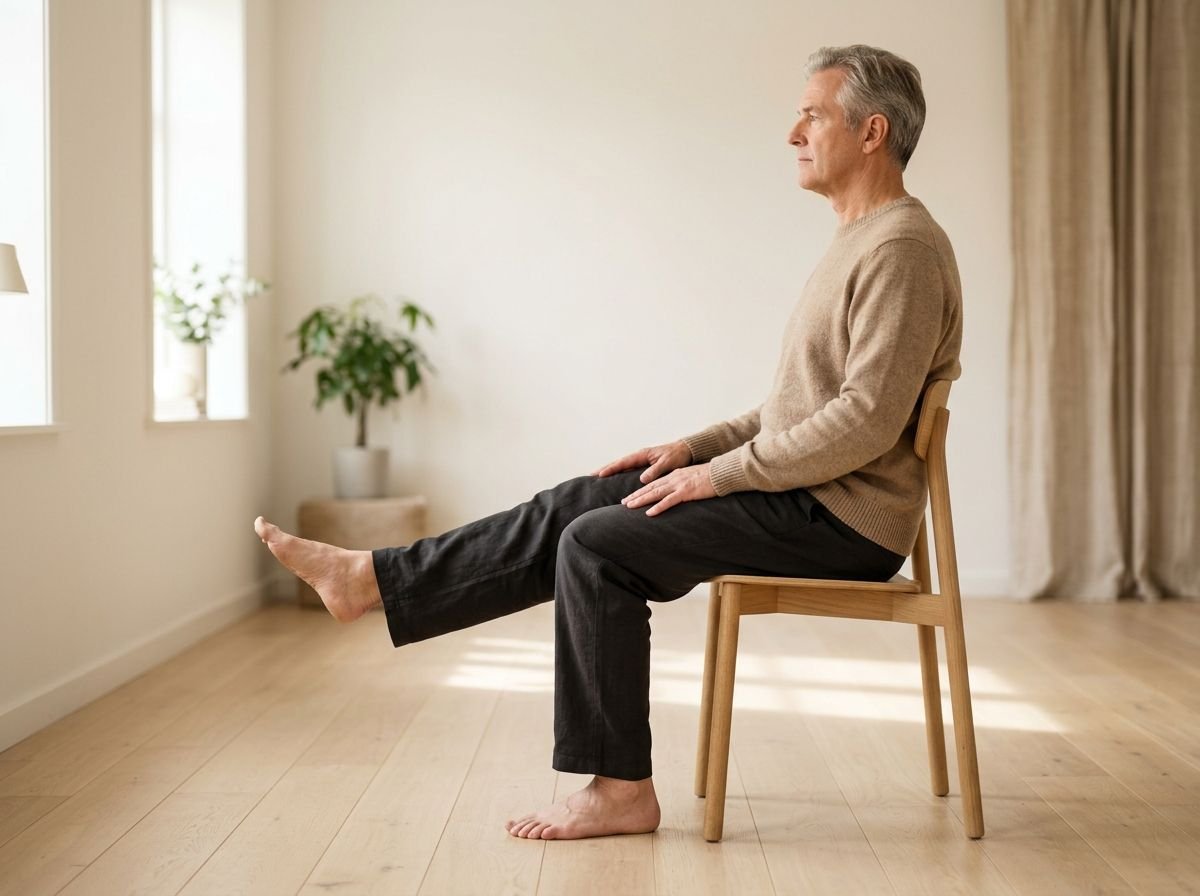 A man seated on a chair with one bare foot lifted and extended, rotating the ankle