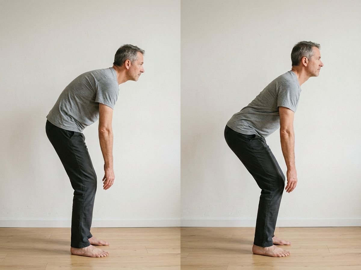 The same man shown twice: bending with a rounded lower back on the left, hinging from the hips with a flat back on the right