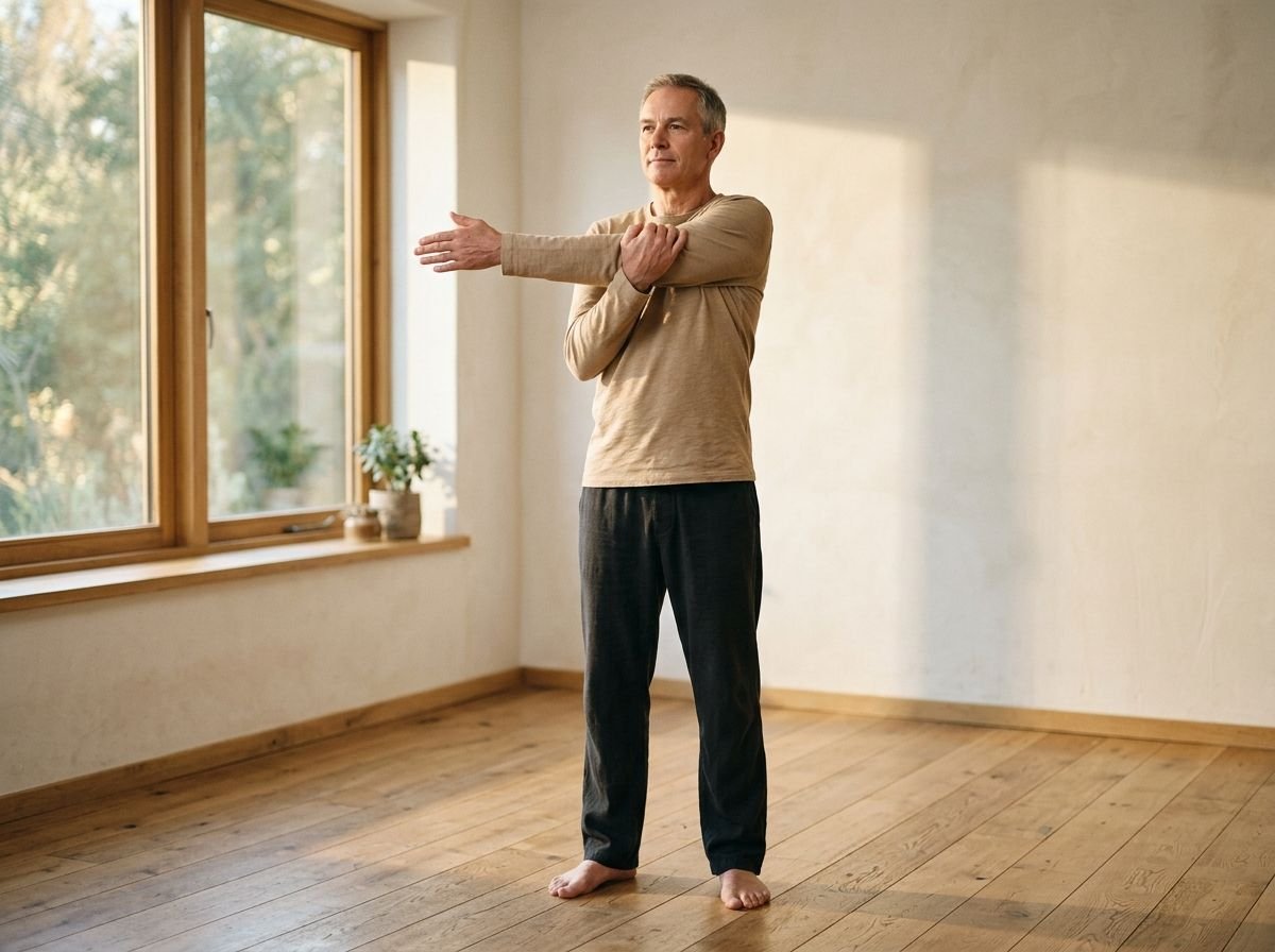 A man standing calmly holding a shoulder stretch, one arm drawn across the chest